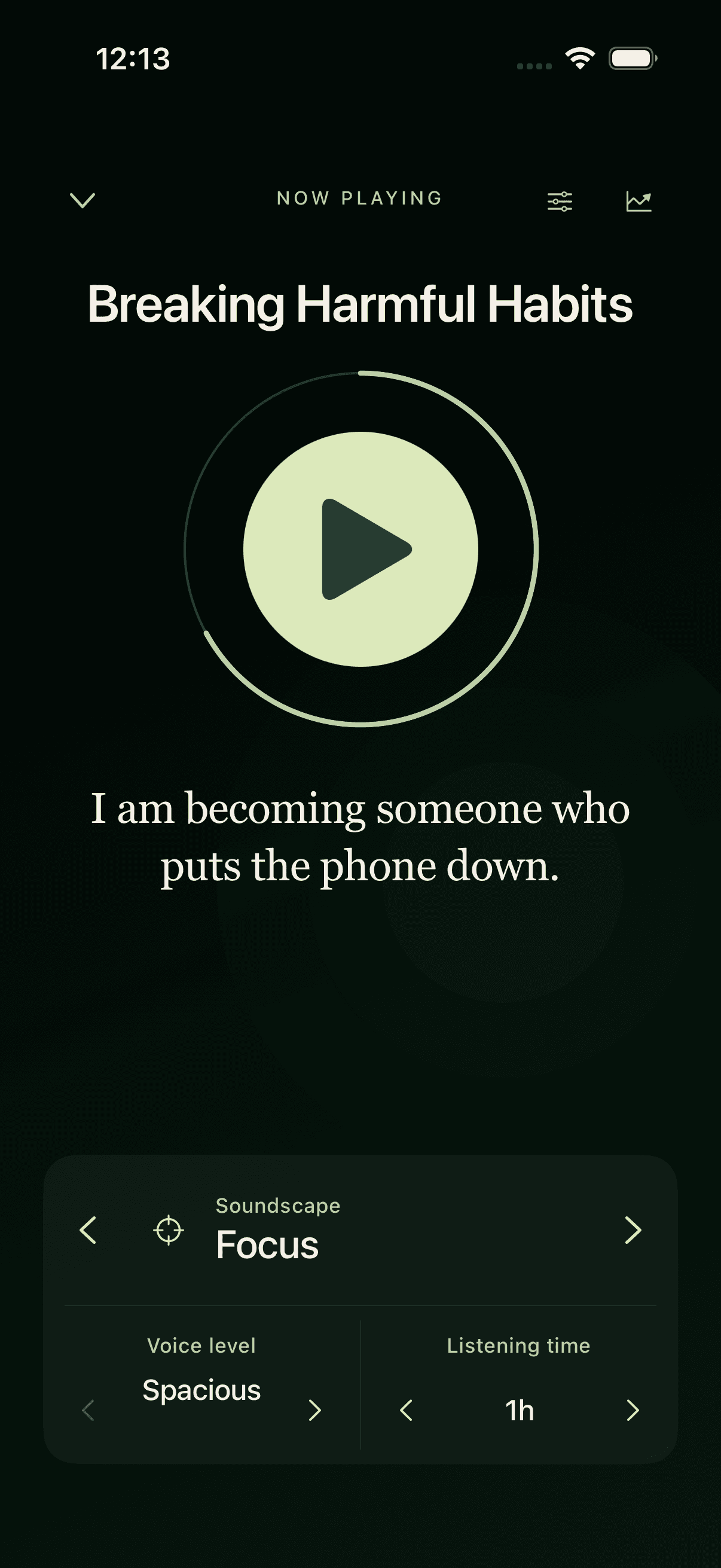 Falah now playing screen with a personal affirmation and Focus soundscape