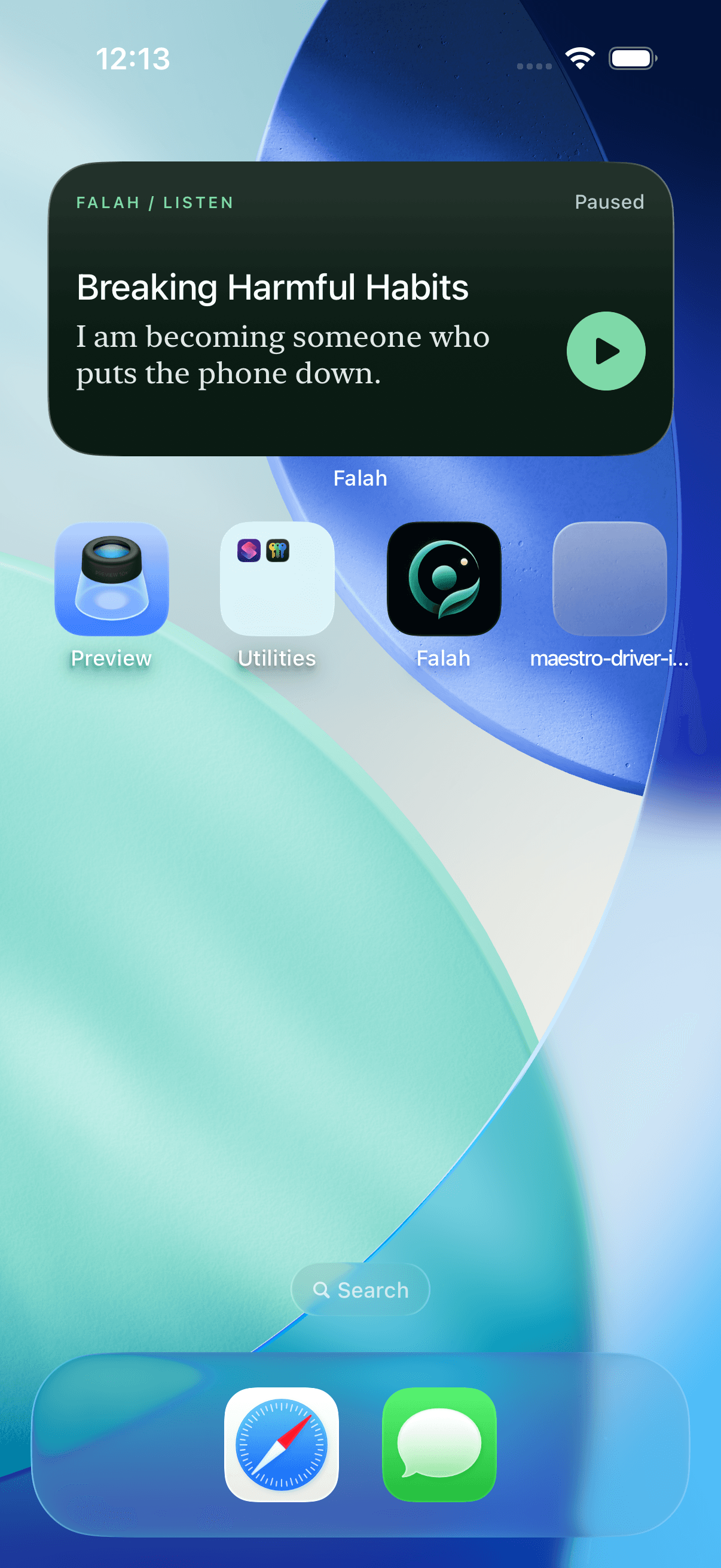 Falah's iPhone widget with a paused affirmation and play control